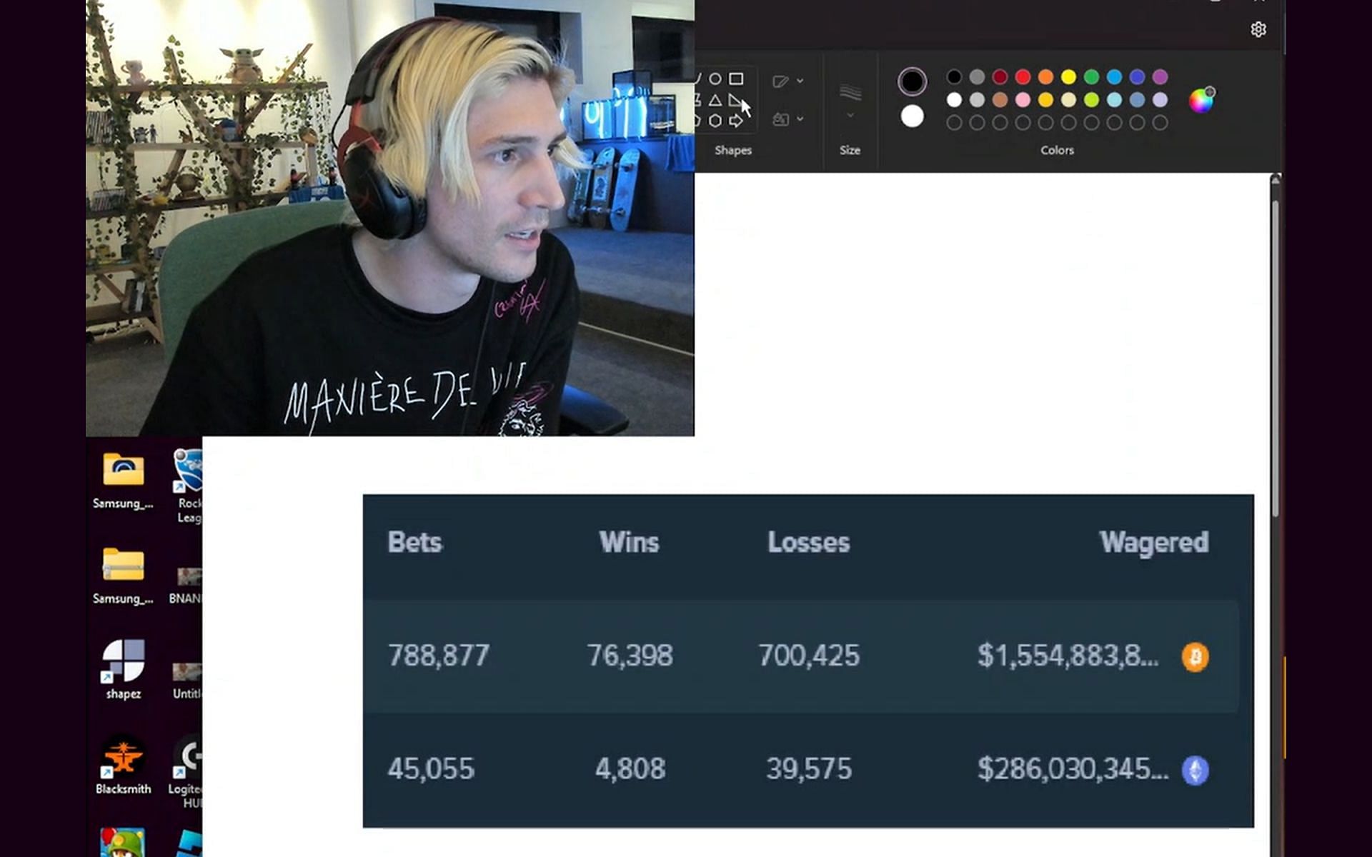Screenshot from Felix's livestream during which he revealed his Stake gambling statistics (Image via xQc/Twitch)